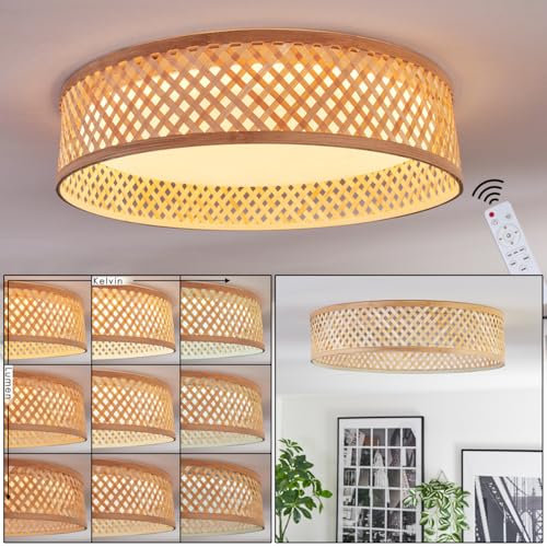 HOFSTEIN LED Deckenleuchte Barroco, dimmbare Deckenlampe aus Metall/Bambus/Kunststoff in Weiß/Natur, Boho-Leuchte mit Memory-Funktion, CCT einstellbar, Fernbedienung, 24 Watt, Wohnzimmer, Schlafzimmer