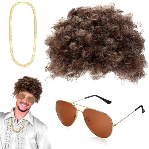 YUNHENTONG Perücke 70er 80er Jahre Mit Goldkette Sonnenbrille Hippie Afro für Karnevalsparty Männer Outfit Herren Hippie Kostüm Accessoires