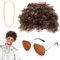Perücke 70er 80er Männer 3 Stück Mit Goldkette Sonnenbrille Braunes Hippie Perücke Karneval Perücke Afro Perücke für Karnevalsparty 70er Jahre Outfit Herren Hippie Kostüm Accessoires