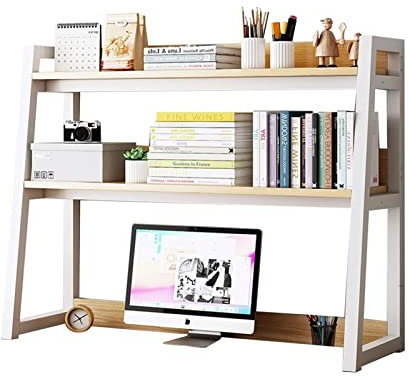 Desk Shelf with Steel Frame for Home Office Storage and Display 2 Tier Desktop Bookshelf for Computer Desk Ladder Countertop Hutch Bookcase White 75 * 32 * 90cm