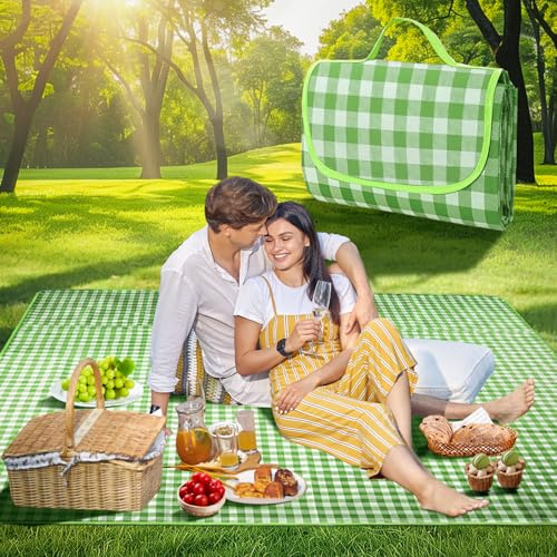 SRJEQC Picknickdecke XXL 200x200cm,Picknickdecke Grüner Karier,Badedecke Tragbare mit tragegriff,wasserdichte Sanddichte für Garten,Picknick,Strand,Camping,Stranddecke XXL für 6-8 Personen