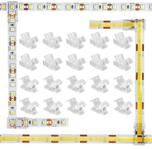 Aroidful 2-polig 8mm LED Verbinder Set Gerade L/T Typ Stecker 20 Stk | lötfrei wiederverwendbar transparenter Stecker ohne dunkle Zone bis 36V 5,5A für 8mm einfarbige LED Lichtleisten
