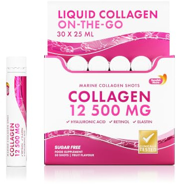 Swedish Nutra Liquid Marine Collagen 12,500 mg Shots, 30 x 25 ml | Type I & III hydrolysed peptide shots with hyaluronic acid, biotin & vitamins for hair, skin, nails & joints; sugar-free