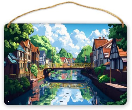 Holzschild Aufhängen, Muster Ruhiger Vorstädtischer Fluss, Und Die Brücke In Der Mitte Trägt Auf Beiden Seiten Kleine Holzhäuser, Für Veranda Garten Hof Terrassendekoration, 30 x 20cm