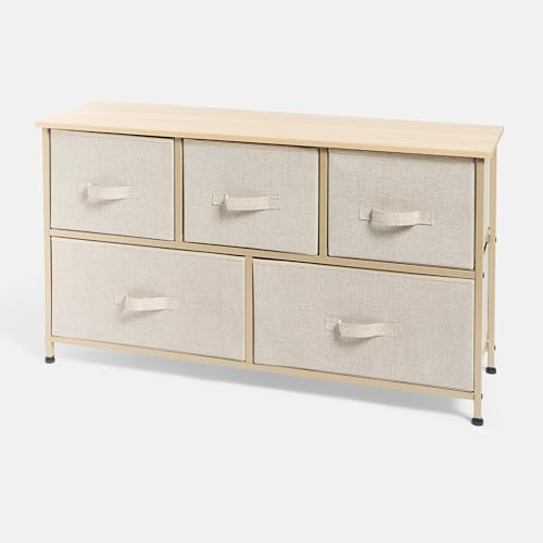 OHS Brooklyn 5 Chest of Drawers Beige, Canvas Drawers Storage Organizer Unit for Bedroom Living Room Closet Fabric Dresser Drawer with Sturdy Frame & Wooden Top
