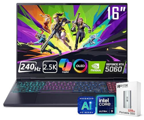 acer Predator Helios Neo 16S AI Gaming Laptop, 16 240Hz 2.5K OLED, Intel Core Ultra 9 275HX, NVIDIA GeForce RTX 5060, VR Ready, Copilot, Liquid Cooling, Black, Windows 11 Pro(64GB DDR5 RAM | 2TB SSD)