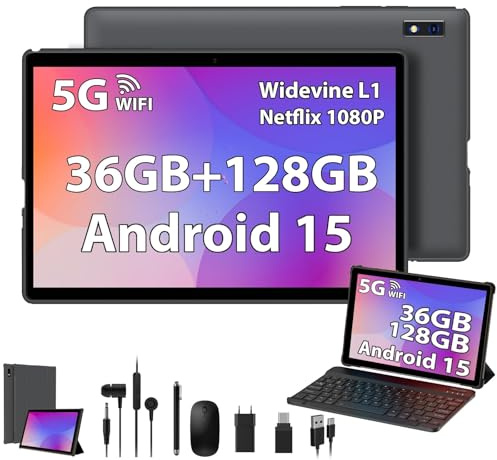 LORDWIT Android 15 Tablet 10 Pulgadas, 36GB +128GB/2TB, 5G WiFi, Octa-Core 2.0GHz, Widevine L1/8000mAh, Gemini AI, Tablet PC con Stylus/Funda Protectora/Auriculares/Teclado Bluetooth/Ratón Inalámbrico
