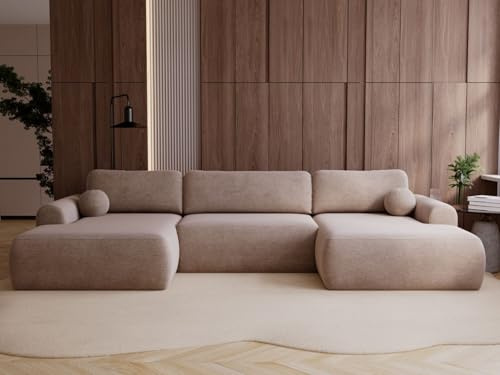 GRAINGOLD Savana U Ecksofa mit Schlaffunktion und Bettfunktion, 344x177 cm, U-Form Sofa, Schlafcouch für Wohnzimmer, Veloursstoff, 5-Sitzer Wohnlandschaft, Ecksofa mit Stauraum (Dunkelbeige)