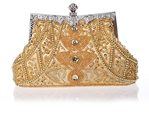HONGCI Glitter Fashion Beaded Sequin Pearl Clutch Bag for Women - Vintage Beaded Evening Bag, Bridal Bag, Clutch Handbag for Wedding, Party, Prom (Gold)