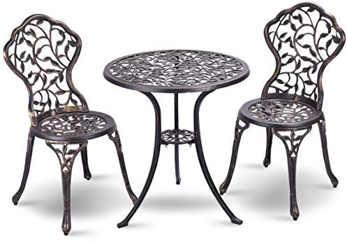 COSTWAY Salon de Jardin 3Pcs en Fonte Aluminium, Ensemble 2 Chaises et 1 Table Ronde Style Rétro avec Motif Feuille pour Balcon, Terasse, Jardin(Brun)