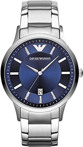 Emporio Armani Reloj Hombre, Movimiento de tres manecillas con fecha, caja de acero inoxidable plateado de 43 mm con correa de acero inoxidable, AR11180, Azul marino y tono plateado