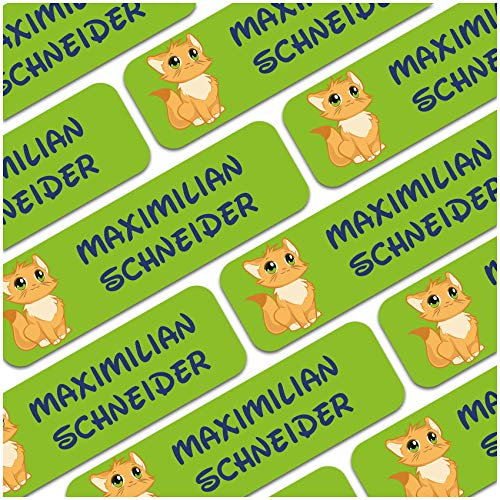 80 x Namensaufkleber Wunschname personalisiert je 3,5x1cm Aufkleber mit Kinder Name Beschriftung Schule Kindergarten Kleidung Sticker (Nr. 21 Katze, Für Textilien)