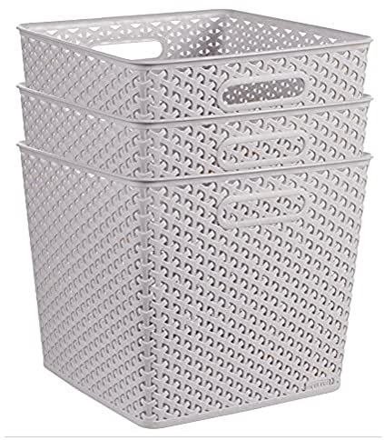 Curver My Style Rattan Effect Set of 3 Kitchen, Living room, Bathroom, Bedroom, Utility Square Storage Baskets 25 Litres - Light Grey