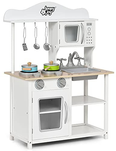 COSTWAY Cucina Giocattolo per Bambini, Cucina per Bambini in Legno con Forno, Microonde, Lavello e Rubinetto, con Accessori, Pentole e Utensili per Cucinare, per bambini 3+ Anni