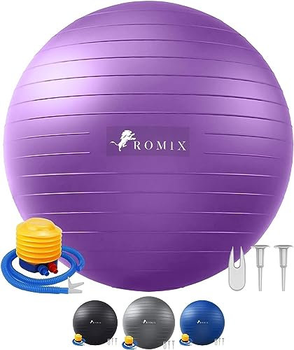 ROMIX Gymnastikball 55cm 65cm 75cm, Anti-Burst Sitzball mit Luft-Pumpe für Balance und Stabilität, Aufblasbarer Pilates Ball für Yoga Übung, Ball für Fitness, Gymnastikball Schwangerschaft - Violett