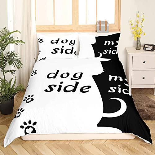 Homewish Dog Side and My Side Bettwäsche Set,155x220 Schwarz Weiß Hundedeckenbezug Set,für Mädchen,Kinder,Jungen,Kawaii Raumdekor,süßes Tier Welpen Hund Bettbezug,Romantisches Thema Tagesdecke