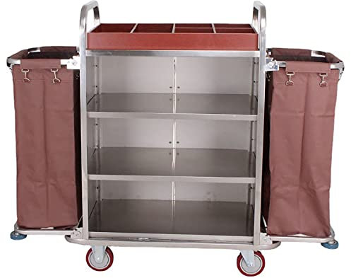 YYDM Carro de Limpieza Multifunción, Cesto de la Ropa con Ruedas, Carro de la Ropa Sucia, con 3 Bandejas 2 Bolsas de Tela, Adecuado para Hoteles, Centros Comerciales, Restaurantes etc (Color : Brown)