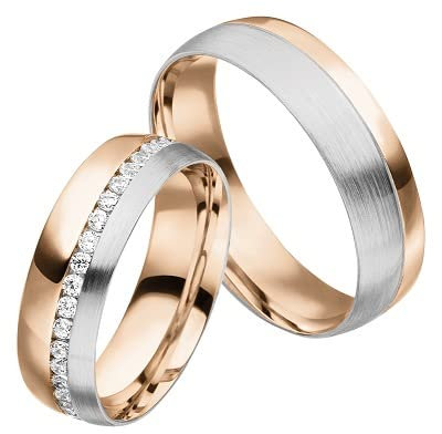 JC Trauringe 925 Silber vergoldet Paar-Preis I Eheringe mit kostenfreier Gravur I Partnerringe 6,0 mm breit inkl. Etui I Herren-Ring ohne & Damen-Ring mit Zirkonia-Steinen I Größe 45 bis 76 I MT32-GP