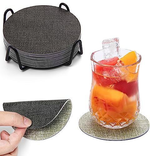 Chitomars Untersetzer Gläser 12er Set, Doppelseitigen Leder Untersetzer Rund rutschfest Glasuntersetzer Abwaschbare Getränkeuntersetzer Kunstleder Glas Untersetzer-Set (Grau Grün, Rund)