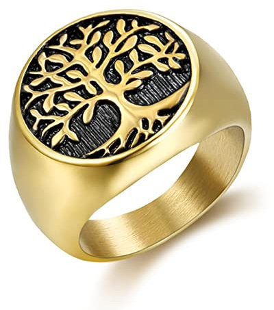 XJruixi Vintage Acier/Or Couleur Viking Arbre De Vie Bague Hommes Mythologie Nordique Acier Inoxydable Yggdrasil Bague Amulette Viking Bijoux Cadeau