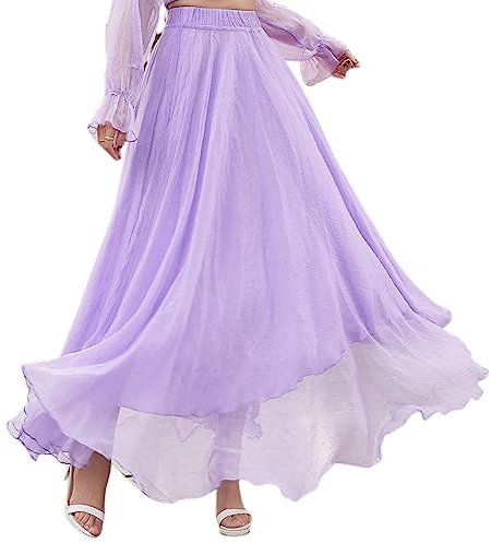 Röcke Für Damen,Boho-Flieder, 4 M, Großer Swing-Midirock Für Damen, Sommer-Chiffon-Faltenrock, Elastisch, Hohe Taille, A-Linie, Rüschen, Strandurlaub, Lange Röcke Für Mädchen Und Damen, 100