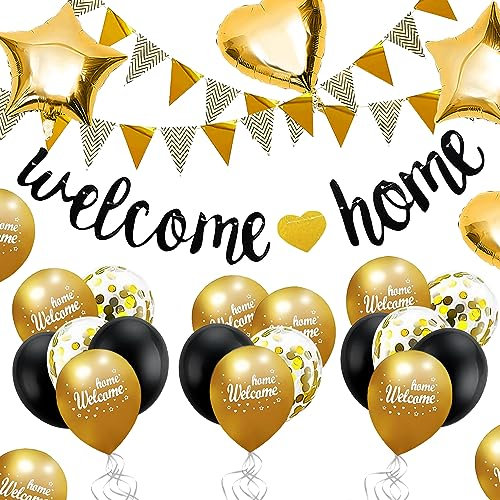 Welcome Home Ballon, Willkommen Zuhause Banner Willkommen Deko, Welcome Home Deko Willkommen Home Girlande mit 5M Wimpel Banner, Herzform Stern Pailletten Luftballons für Zuhause, Party