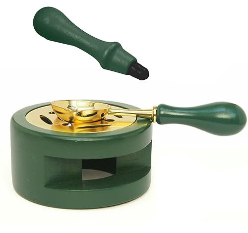 Fhioevt Wachssiegelwärmer Wachssiegel Kit Schmelzofen Holz mit Siegelwachs Löffel & Siegelstempel Holzgriff Wachsstempel Tool Vintage Siegelwachs Set für Einladungskarte Hochzeitseinladung (Grün)