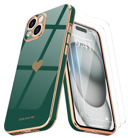 Teageo for iPhone 15 Plus Case with 2 Screen Protector Heart Pattern for Women Girls Luxury Bling Plating Soft TPU Anti-Scratch Shockproof Bumper Phone Case for iPhone 15 Plus, Blackish Green