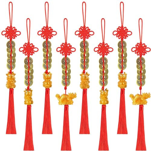 8 pièces 2024 Année chinoise du dragon porte-bonheur doré suspendu chinois Feng Shui Décor Nouvel An Bonsaï Pendentif pour dragon année maison voiture vacances décor