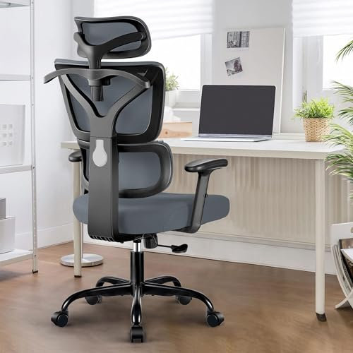DoChair Ufficio Schienale in Rete Elasticizzata Sedia Scrivania ergonomica Poggiatesta Regolabile e Sedia Gaming in Altezza con Gancio, Grigio scuro