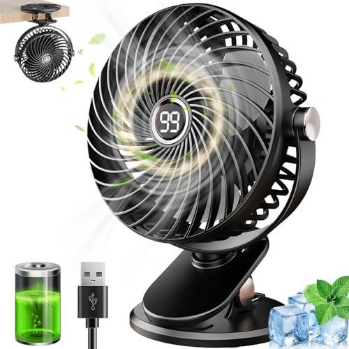 MUXIWOM Ventilador de Mesa, Ventilador USB Pequeño Silencioso con Pinza, 6000mAh Mini Ventilador Portatil, Pantalla LED, 5 Velocidades 720° Rotation, Ventilador Sobremesa para Oficina Hogar Camping