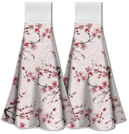 WADORN 2 Stück Küchenhandtuch zum Aufhängen Mit Kirschblütenmotiv, Hängendes Handtuch Mit Kirschblumenmuster Und Schlaufe Für Das Küchenset Mit Saugfähigem Blumendesign Für Den, 34.5x31.5 cm