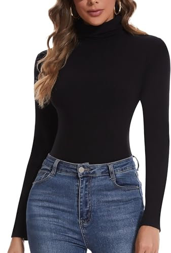 SHAPERIN Long Sleeve Top Women Polo Roll Neck Tops Plain Mockneck Casual Shirts Tight Tops Ribbed Tee Black XL