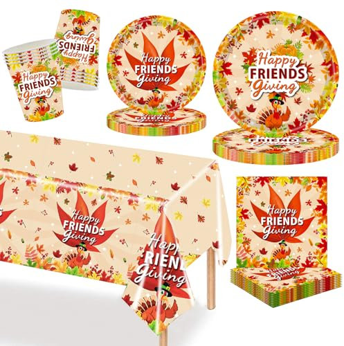 69-tlg. Erntedankfest Party Tischgedeck, Erntedank Ahornblatt Druck Tischdeko mit Pappbechern, Papptellern und Servietten, Tischdecke für Herbstfest und Erntedankfeier Party Zubehör