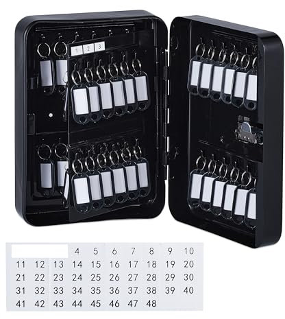 Relaxdays Schlüsselkasten, Zahlenschloss, 48 Haken, mit Schlüsselanhängern, HBT: 25 x 18 x 7,5 cm, Schlüsselbox, schwarz