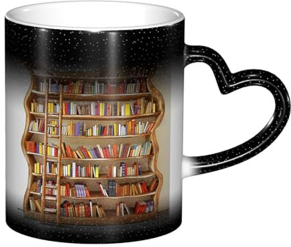 BWWHCCTI Farbwechselnde Kaffeetassen mit lustigen Bücherregalen, Kollektion und Leiter-Druck, magische Keramiktasse, wärmewechselnde Tassen, 325 ml, Schwarz