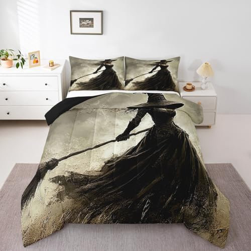 Happy Halloween Comforter Set for Kids Boys Girls Halloween Witch Decor Bedding King Horror Witchy Broom Bedding Comforter Sets Magical Witch Duvet Set Quilt Set 3Pcs