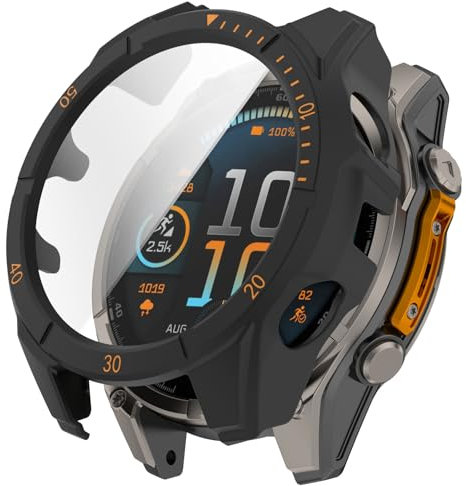 AWADUO Compatibile con Garmin Fenix 8 43 mm Smartwatch Full Coverage PC Custodia Protettiva con Vetro Tempered Touchable Screen Protector Smartwatch Accessori (Nero + Arancione)