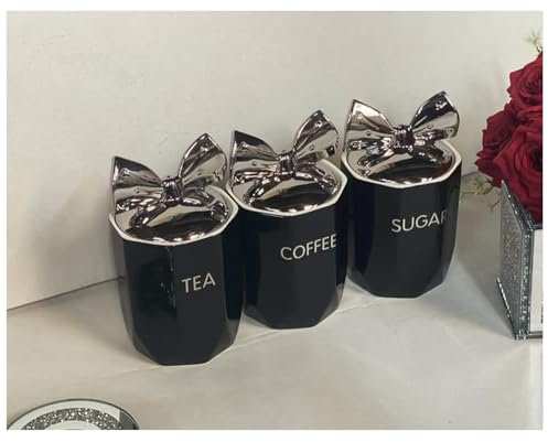 DEENZ Set Of 3 Jars Silver Bow Lid Kitchen Canister Jar For Tea Coffee Sugar Storage Pots Marble Effect Home Decor Dining Table Eye-Catching Glamorous Design (Black)