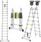 Aufun 16.4FT/ 5M Telescopic Folding Ladder 2.5M+2.5M Multi Purpose Collapsible Concertina Loft Ladders, Stainless Steel A-Frame Ladder with Spring Loaded Locking Mechanism, Maximum Height