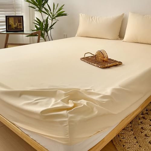Lirzxin Spannbetttuch 120x200 cm, Bettlaken Bambus Faser Einfarbig Boxspringbett Spannbettlaken Einzelbett und 2 Kissenbezug Weiches und Atmungsaktives, Beige Gelb