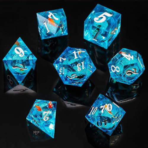 Flüssiger Kern DND-Würfel, Koi-You-Fisch, D&D-Würfel, Kunstharz, scharfe Kanten, polyedrisches Spiel für Dungeons and Dragons, blau-silber, handgefertigtes Rollenspiel, RPG-Würfel-Set (D20, D12, D10,