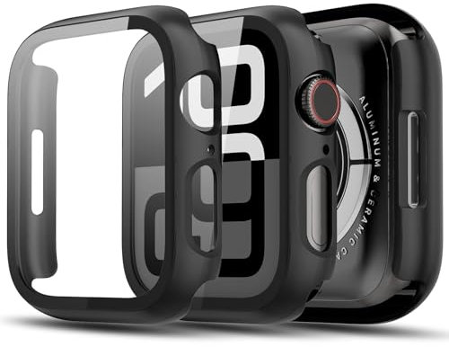 TGKML 2-Stück Kompatibel mit Apple Watch Series 9/8/7 Schutzhülle mit Displayschutzfolie 45mm, Ultradünne Hard Gehäuse Eingebaut Kratzfest Gehärtetes Glas Schutzfolie für iWatch 45mm, Schwarz/Schwarz