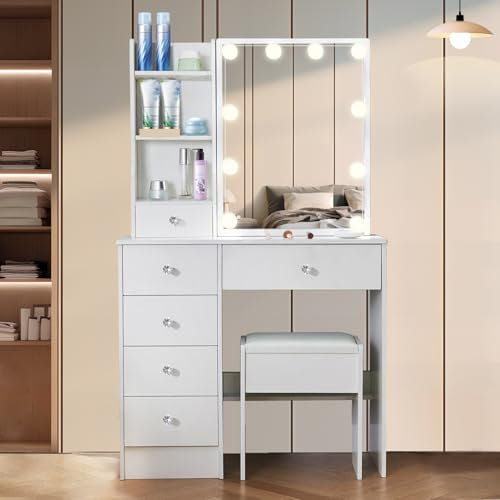 Vanrste Tavolo da toeletta con illuminazione, tavolo da toeletta con specchio e sgabello, tavolo cosmetico bianco in MDF – 6 cassetti 6 ripiani per camera da letto 80 x 36 x 130 cm YE39