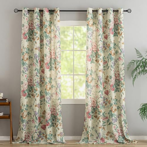 Vintage-Vorhänge, 2 Paneele, Leinen, strukturiert, viktorianische Rosen, Blumenmuster, Wohnzimmer, Vorhänge, 244 cm lang, mit Ösen, Sichtschutz, halbtransparent, botanisch, französisches Landhaus, 127