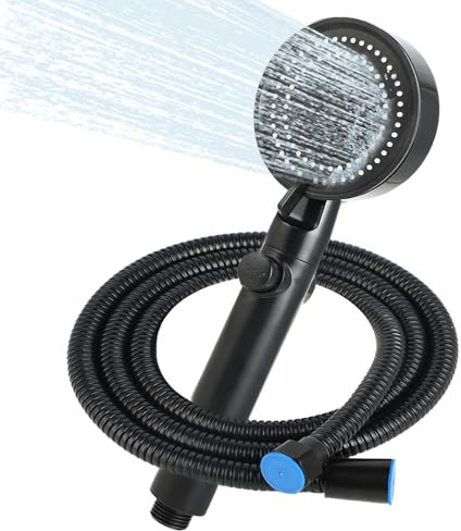 Alcachofa Ducha Alta Presión con Manguera 1,5 m – Cabezal Ducha con 6 Modos, Shower Head Ahorra Agua con Soporte, Alcachofa Ducha con Manguera para Ducha Baño (Negro)