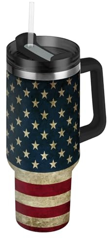 Edelstahl Trinkbecher Tumbler mit Griff, Vintage USA-Flagge Trinkflasche Thermobecher mit Henkel auslaufsicher Doppelwandige Vakuumisolierung Thermische Tasse Reise Kaffeebecher
