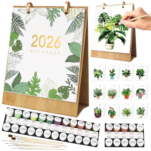 GAROMIA 2026 Neuer Kalender Malen nach Zahlen Erwachsene DIY Malen Nach Zahlen Wandkalender 2026 mit Pinsels Paint Tischkalender Topfblumen Handgemalte für Home Haus Büro Deko