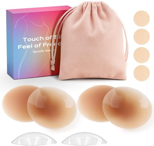 2 Paires Cache-Tétons Femme Invisibles, Nipple Cover Imperméable Réutilisable, Soutien Gorge Adhésif avec Pochette de Rangement Caramel
