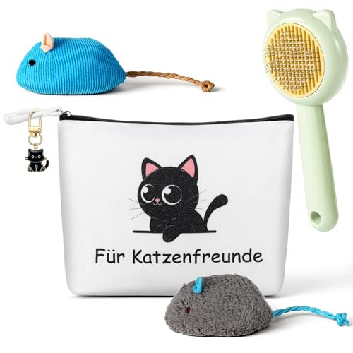 Namalu Lot de 7 Sac Cadeau pour les Amoureux des Chats Adultes 1 Brosse pour Chat 2 Souris en Peluche, 2 Boules de Feutre 1 Porte-Clés 1 Sac en Toile Cadeaux Félins pour Noël et l'Avent